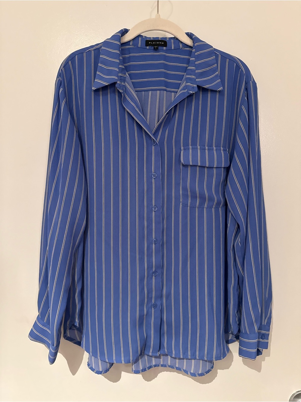 Pleione Blue and White Vertical Stripe Button-Down Shirt